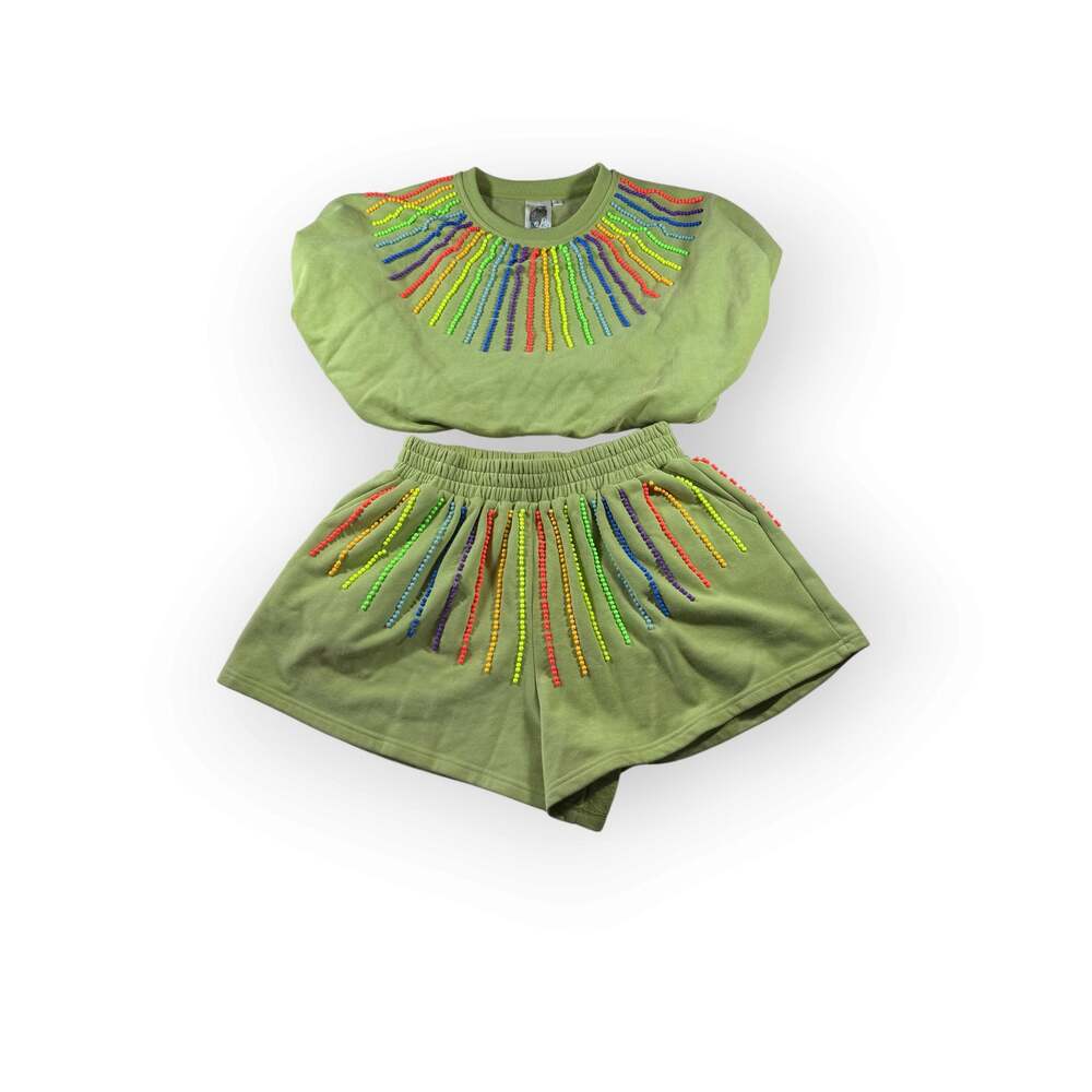 Queen of Sparkles SMALL Green Rainbow Beaded Burst Bubble Sweatshirt Shorts Set